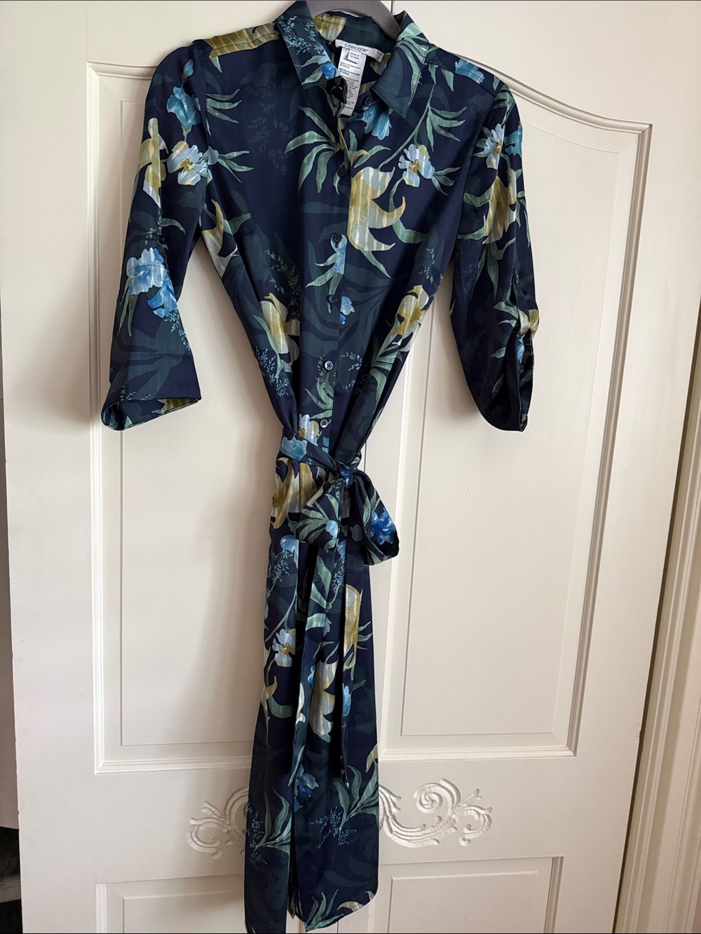 Chico's Navy Floral Wrap Dress with Blue and Olive Accents